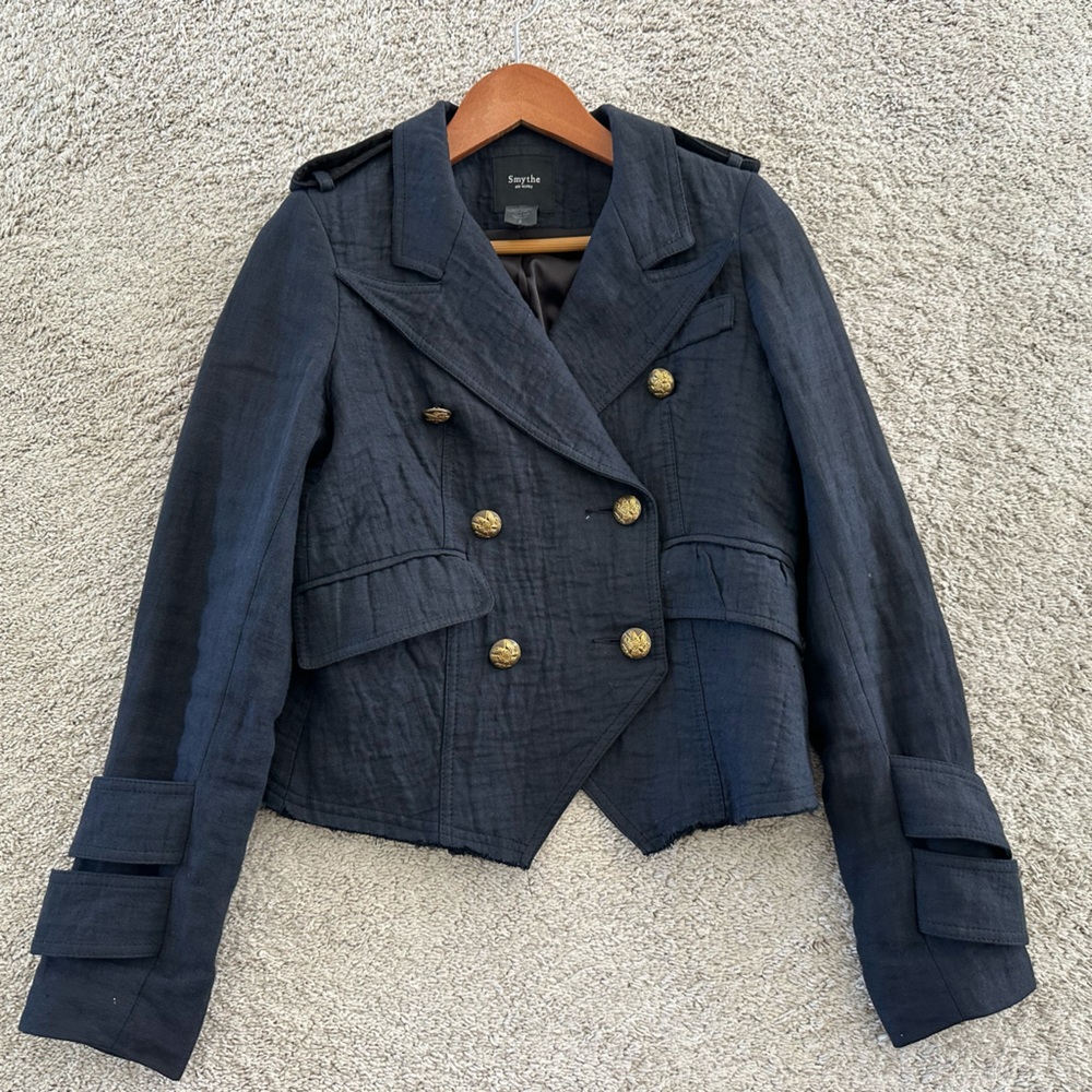 Smythe Navy Double-Breasted Military-Inspired Blazer